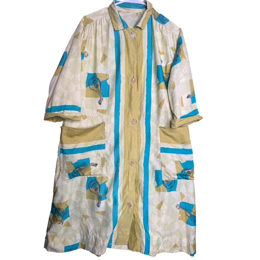 Vintage Novelty Musical Instrument Print Duster Coat Yellow Turquoise Lute